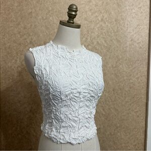 Zara Chic White Textured Crinkle Smocked Sleeveless High Neck Fitted Blouse